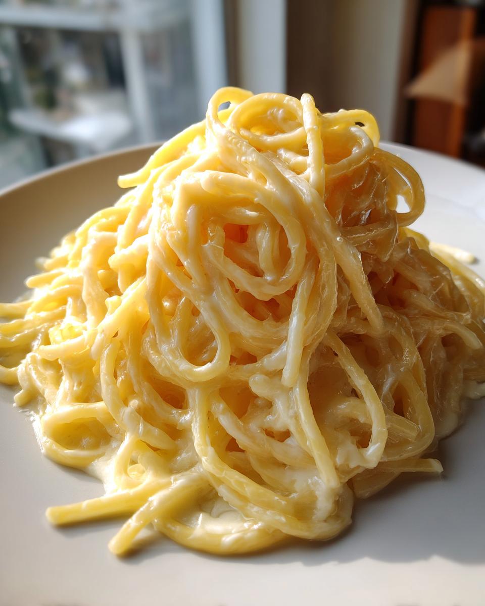 A close-up, appetizing mound of creamy parmesan pasta coated in a rich, yellow-white sauce.