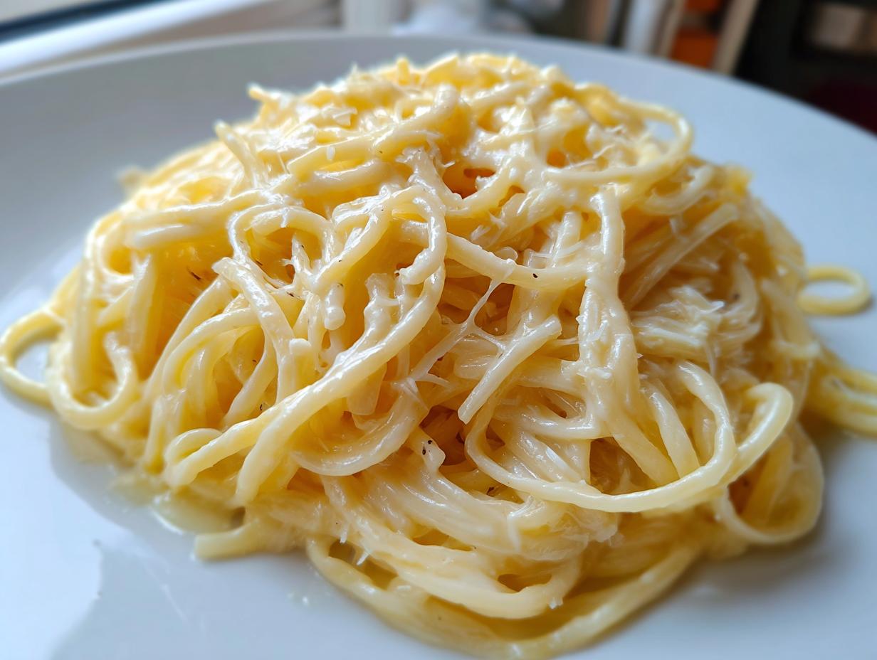 A close-up shot of creamy spaghetti coated generously in a rich parmesan pasta sauce on a white plate.