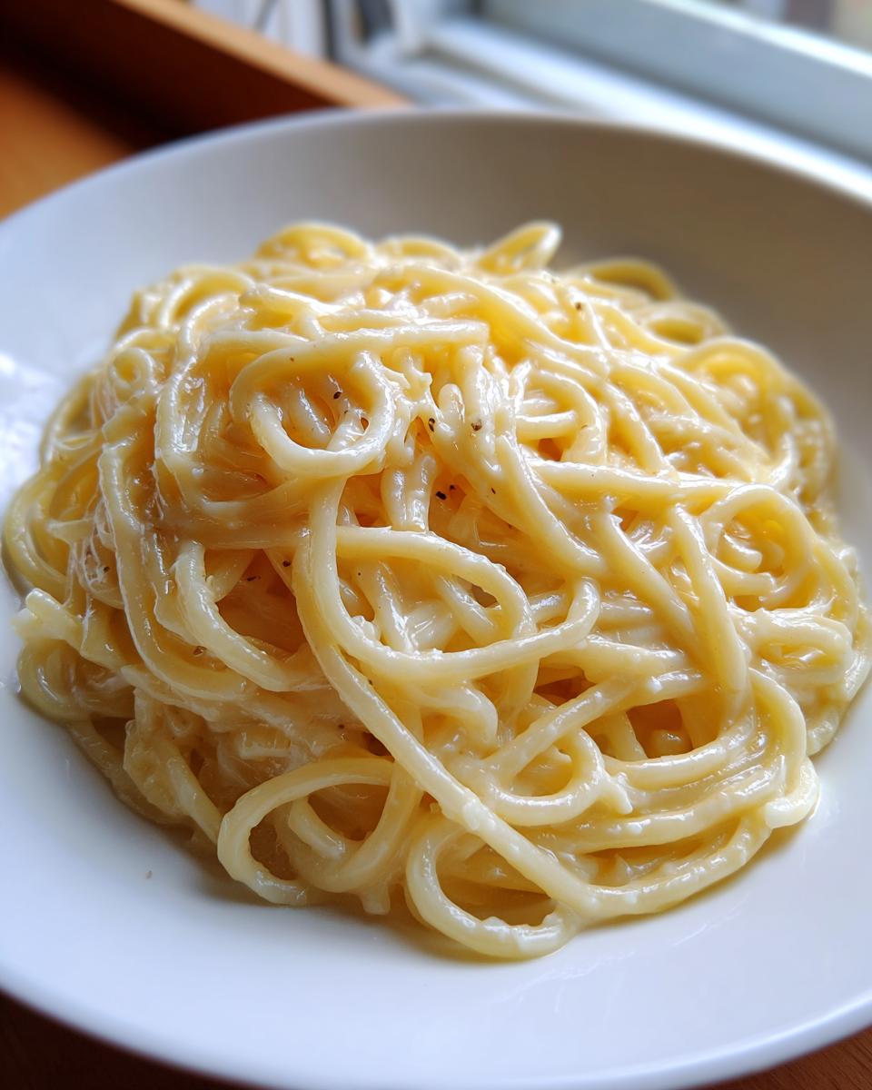 Close-up of creamy spaghetti coated in a rich sauce, ready to eat, featuring perfect parmesan pasta.