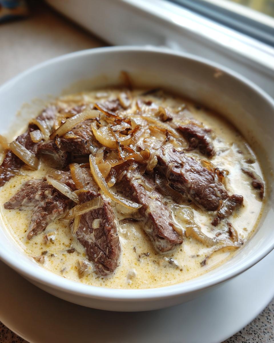 Close-up of a bowl of creamy philly cheese steak soup featuring tender beef strips and caramelized onions.