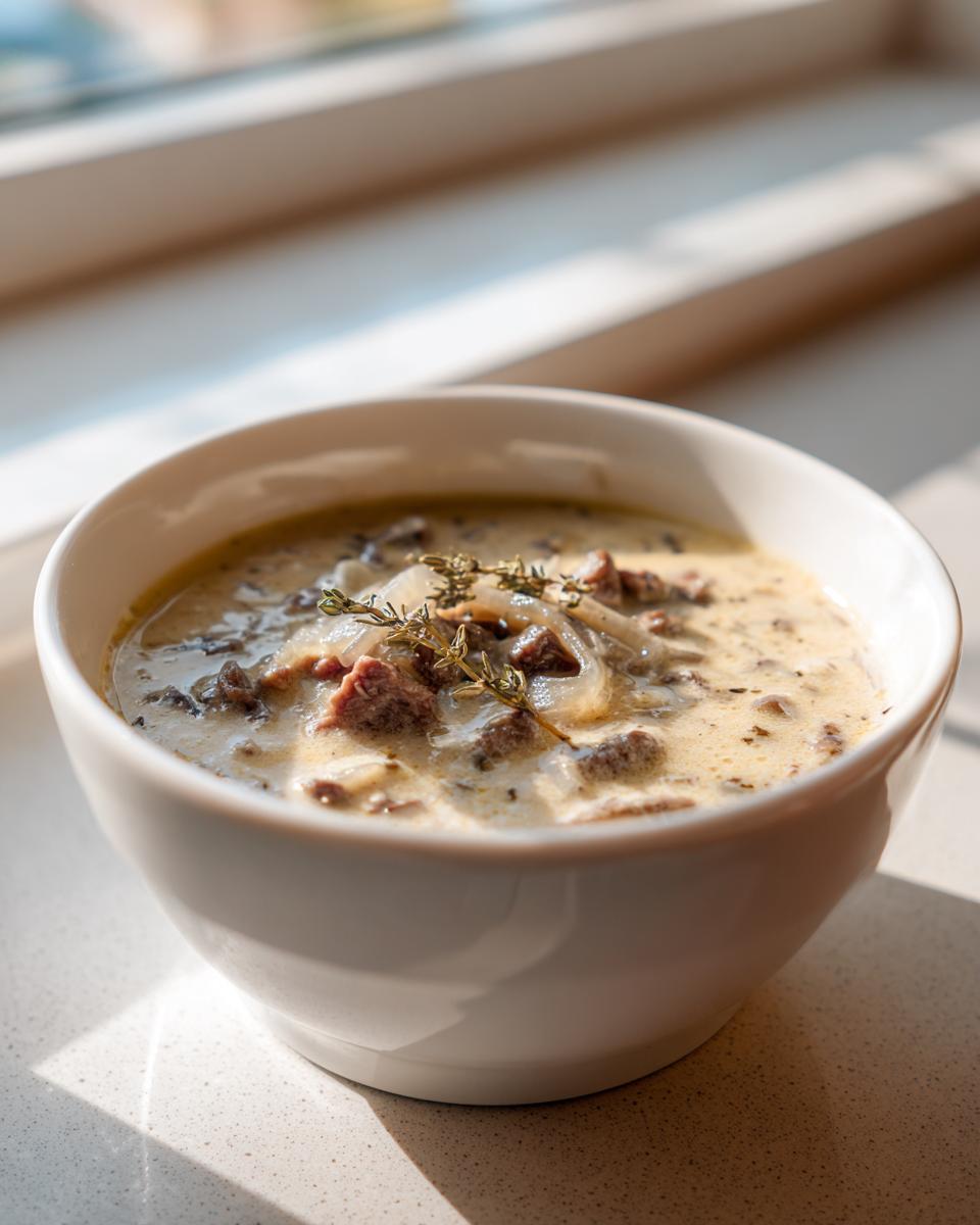 A white bowl filled with creamy philly cheese steak soup, featuring chunks of steak, onions, and a thyme garnish.