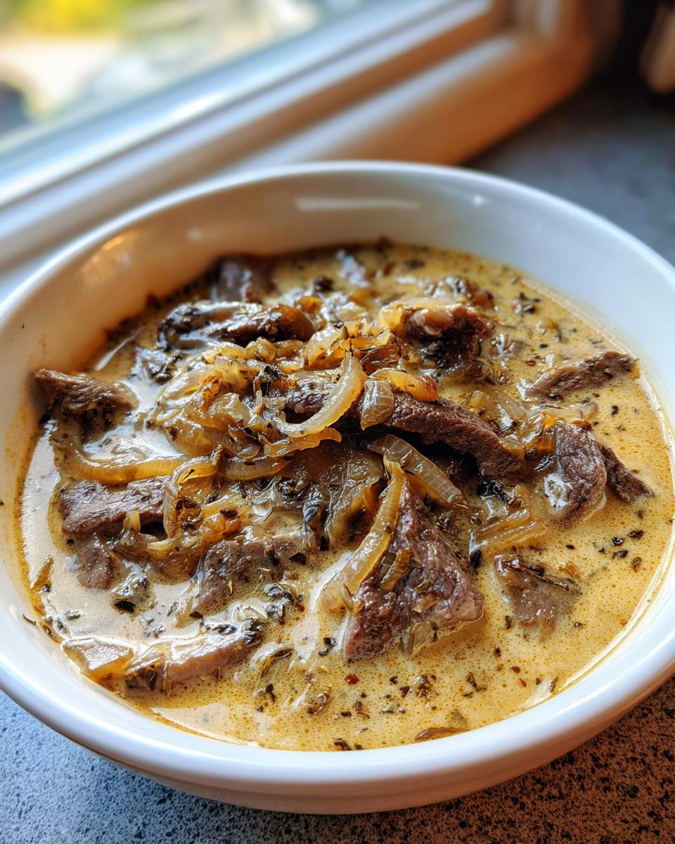 Close-up of a bowl of creamy philly cheese steak soup with slices of beef and caramelized onions.