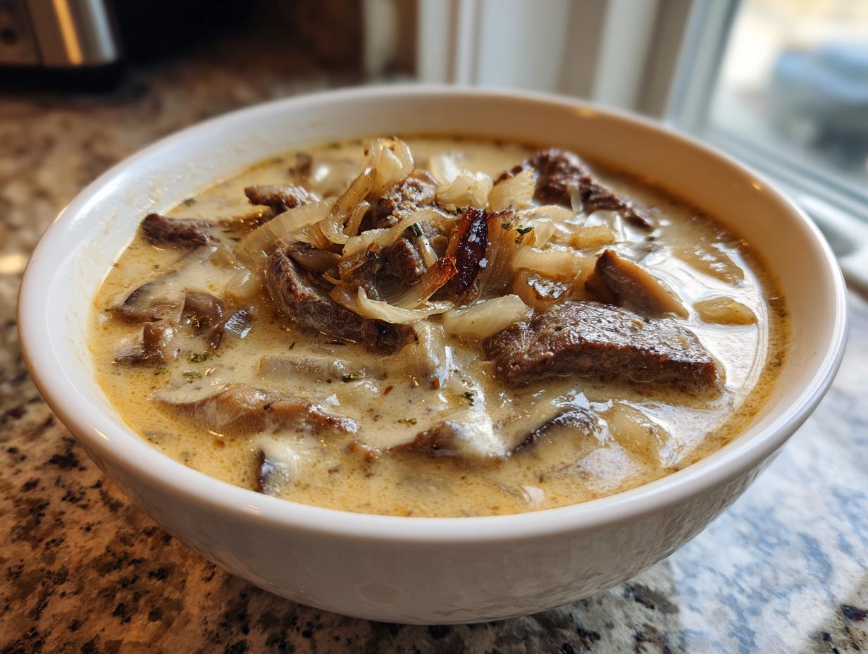 A close-up of a hearty bowl of philly cheese steak soup, featuring beef strips, mushrooms, and caramelized onions in a creamy broth.