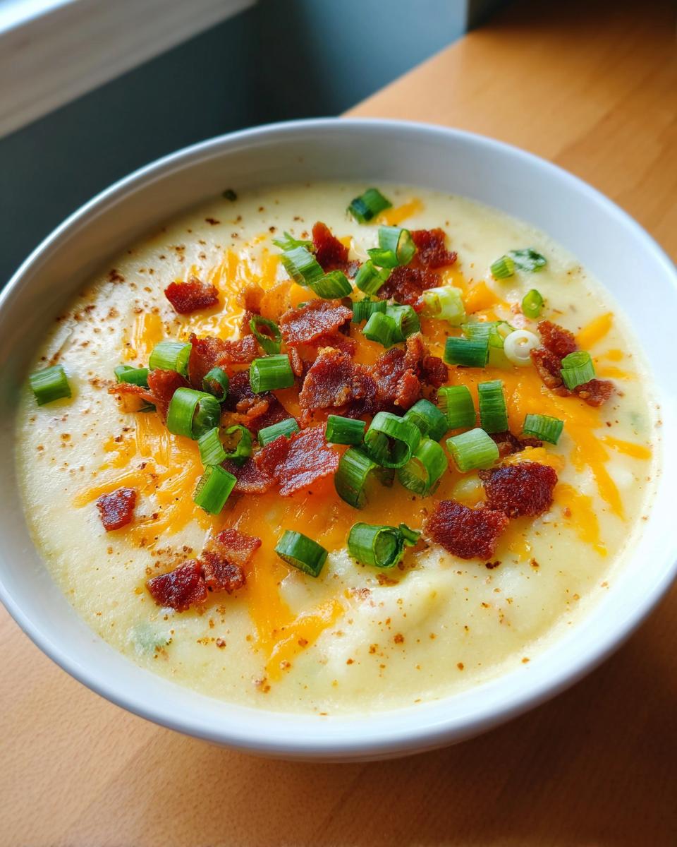 A close-up of a bowl of creamy potato soup topped generously with shredded cheddar cheese, crispy bacon bits, and fresh green onions.