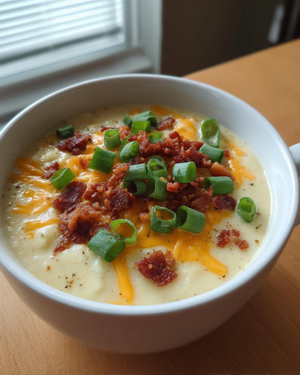 A close-up of a bowl of creamy potato soup topped generously with shredded cheddar cheese, crumbled bacon, and fresh green onions.