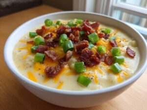 A close-up of a bowl of creamy potato soup topped generously with shredded cheddar, crispy bacon bits, and fresh green onions.