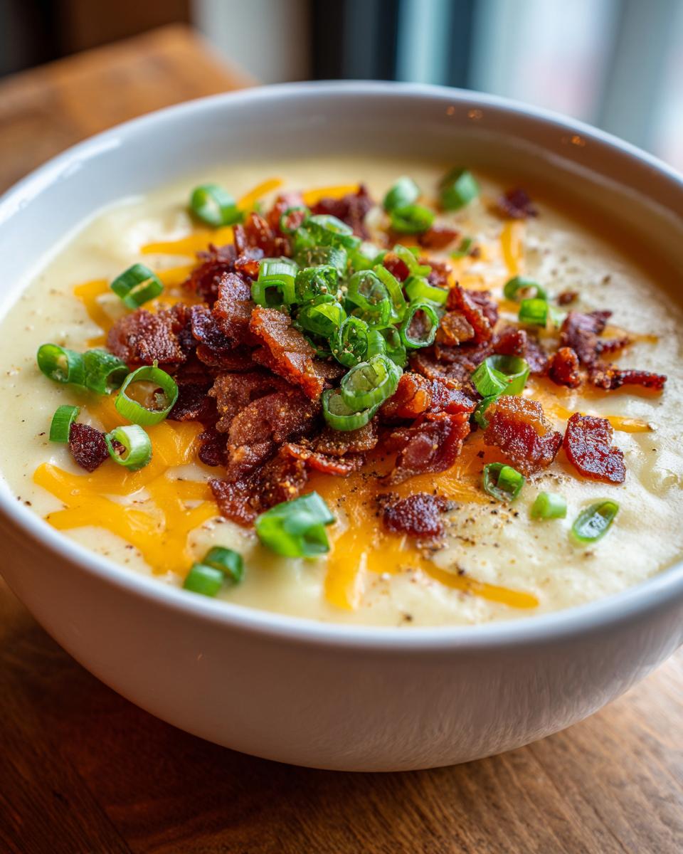 Close-up of creamy potato soup topped with shredded cheddar cheese, crispy bacon bits, and fresh green onions.