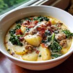 Close-up of a creamy bowl of zuppa toscana soup featuring potatoes, sausage, kale, bacon, and Parmesan cheese.