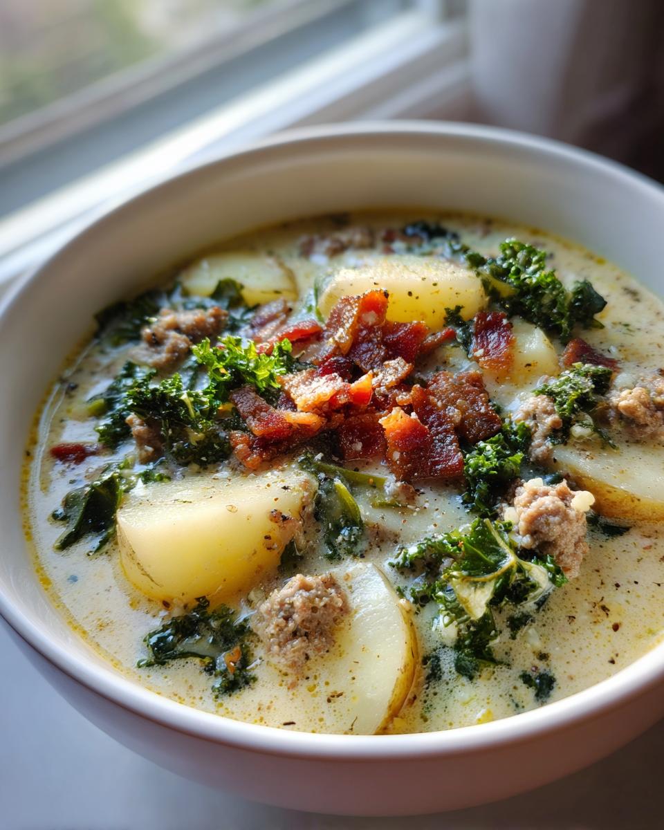 Close-up of a bowl of creamy Zuppa Toscana soup topped with sliced potatoes, sausage, kale, and crispy bacon bits.