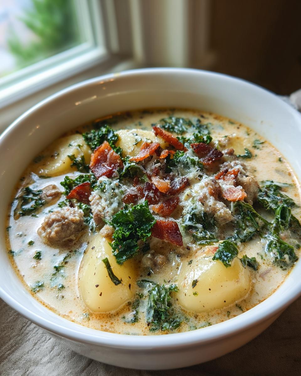 Close-up of a creamy zuppa toscana soup featuring potatoes, sausage, kale, and crumbled bacon.