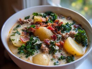 Close-up of a creamy bowl of Zuppa Toscana soup topped with potatoes, sausage, kale, and bacon.