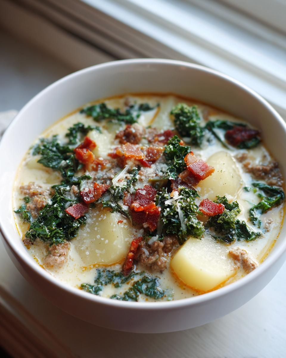 Close-up of a white bowl filled with creamy zuppa toscana soup, featuring potatoes, sausage, kale, and bacon.