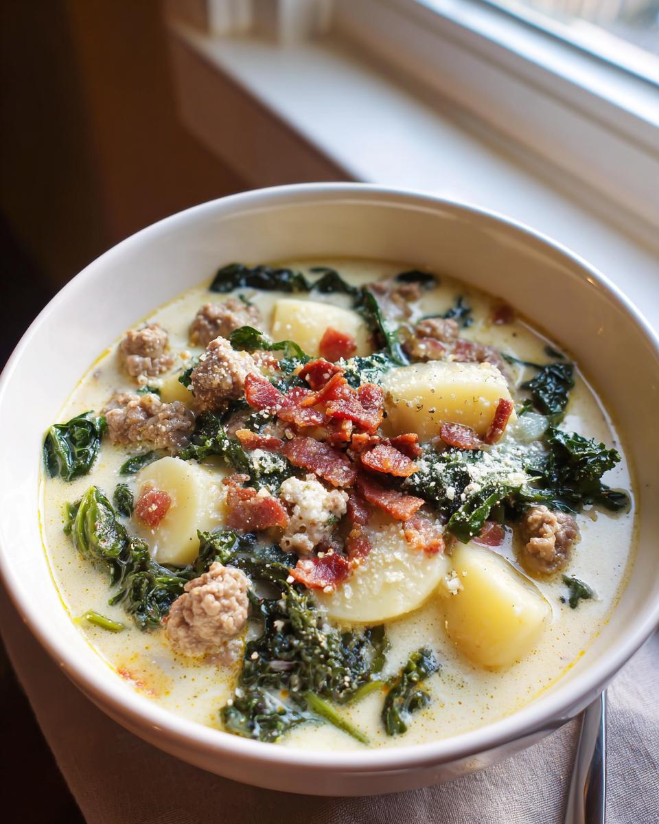 Close-up of a creamy bowl of zuppa toscana soup featuring potatoes, kale, sausage, and topped with crumbled bacon and Parmesan.