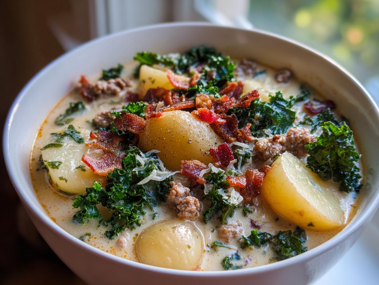 Close-up of a creamy bowl of Zuppa Toscana soup topped with potatoes, sausage, kale, and bacon.