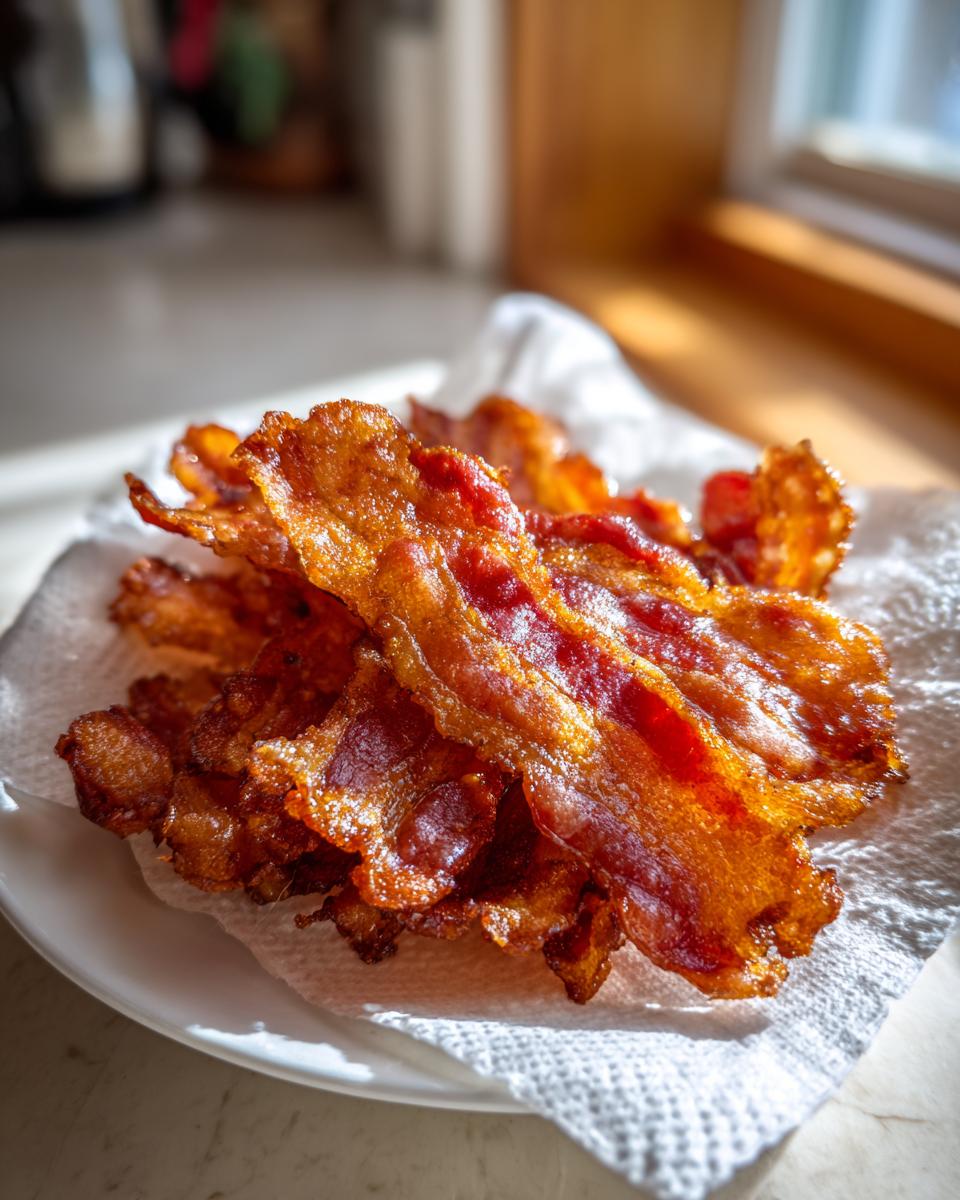 Close-up of perfectly crispy, browned air fryer bacon resting on a paper towel on a white plate.