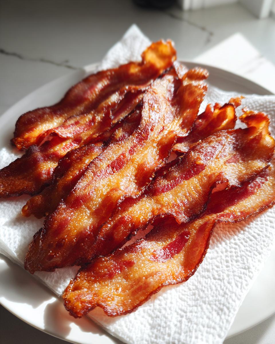 Four perfectly cooked, crispy strips of air fryer bacon resting on a white paper towel on a plate.