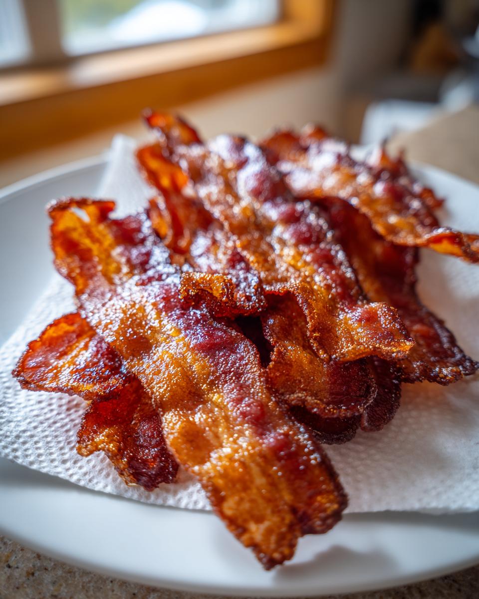 Close-up of perfectly cooked, crispy air fryer bacon draining excess grease on a white paper towel.