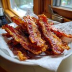 Close-up of perfectly crispy, glistening air fryer bacon strips resting on a paper towel in a white bowl.