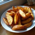 A close-up of golden, crispy wedges of authentic greek potatoes seasoned with herbs, piled high on a white plate.