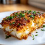Close-up of a flaky white fish fillet with a golden, crunchy topping, showcasing the crispy baked cod.