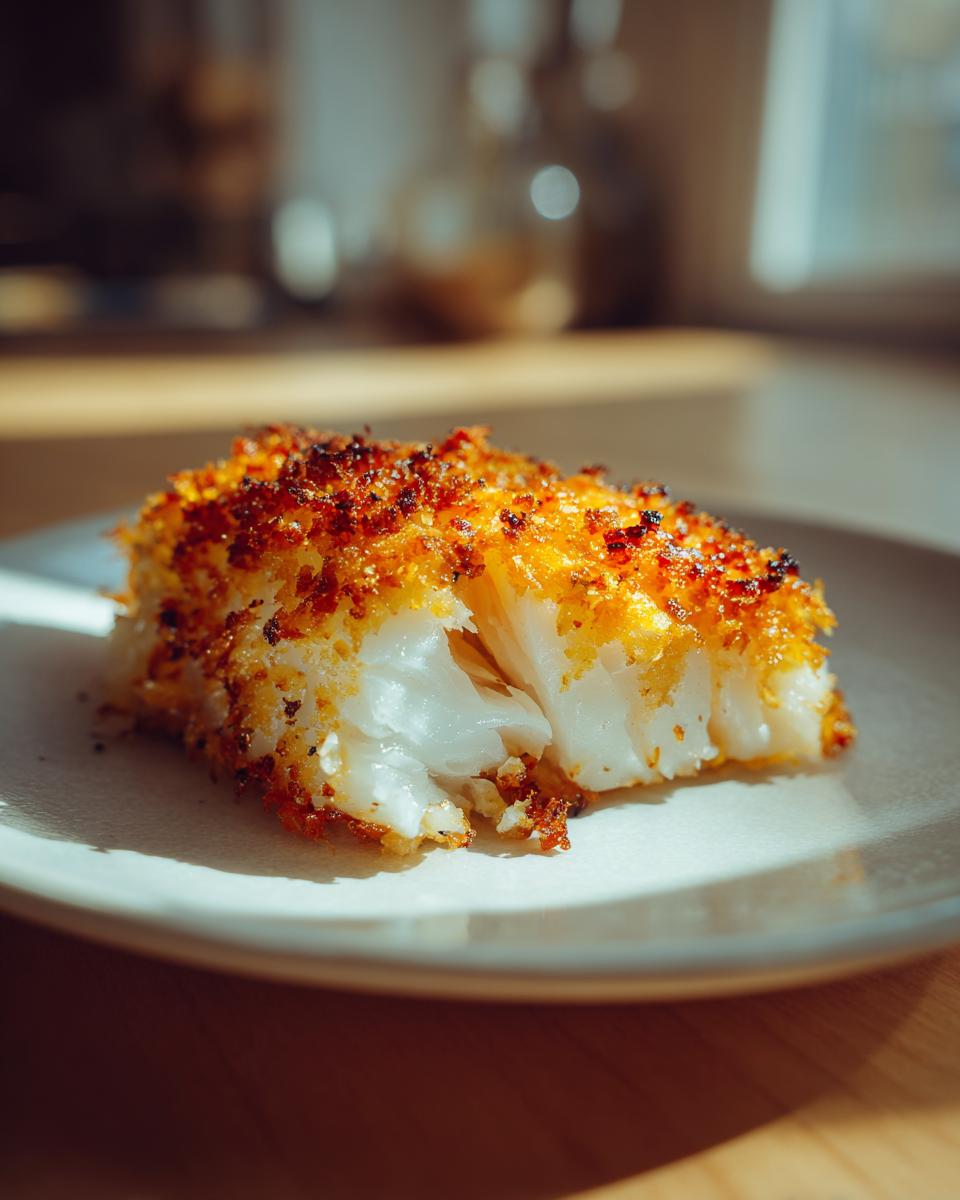 A close-up of a piece of crispy baked cod showing its flaky white interior and golden-brown crust.