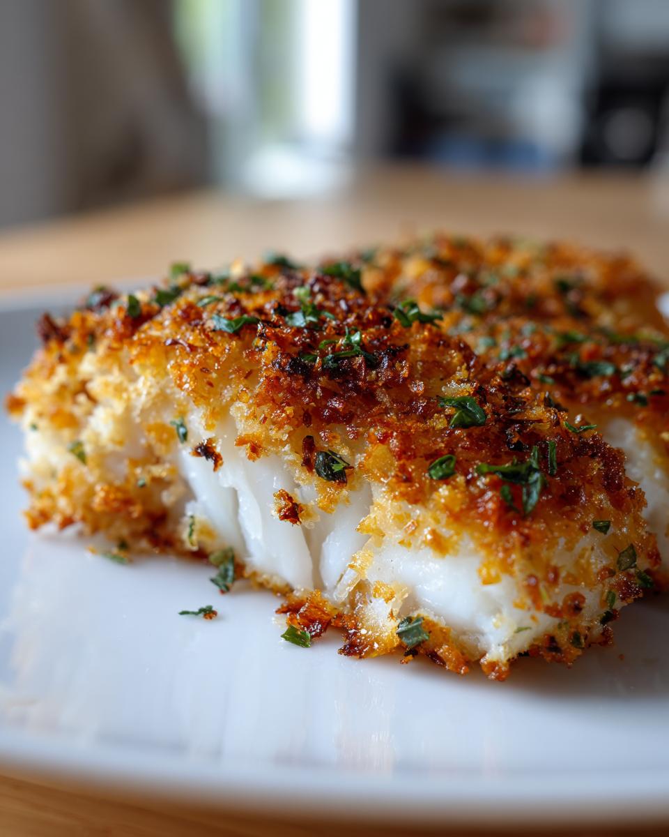 Close-up of a flaky white cod fillet with a golden brown, crispy baked coating and fresh parsley.
