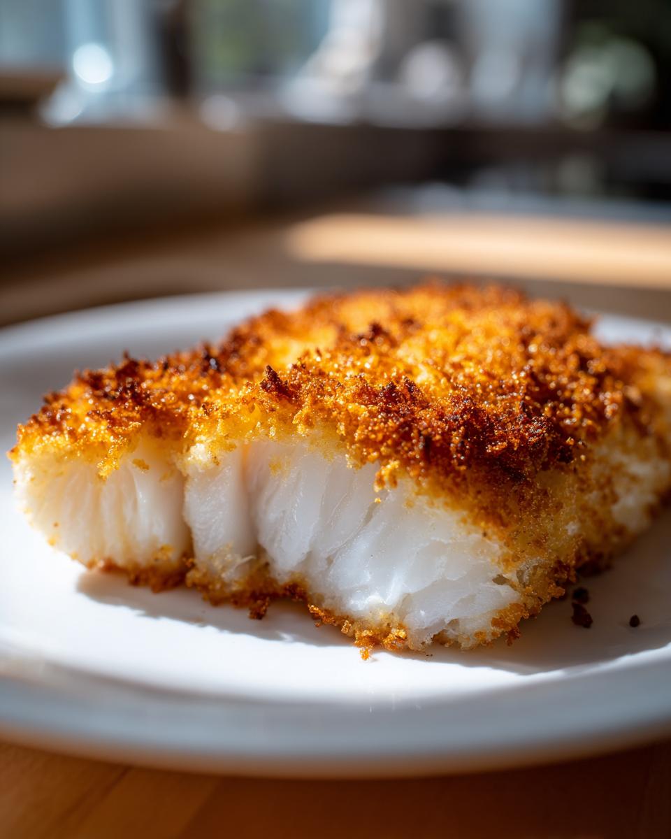 Close-up of a flaky white cod fillet with a golden brown, crispy baked coating.
