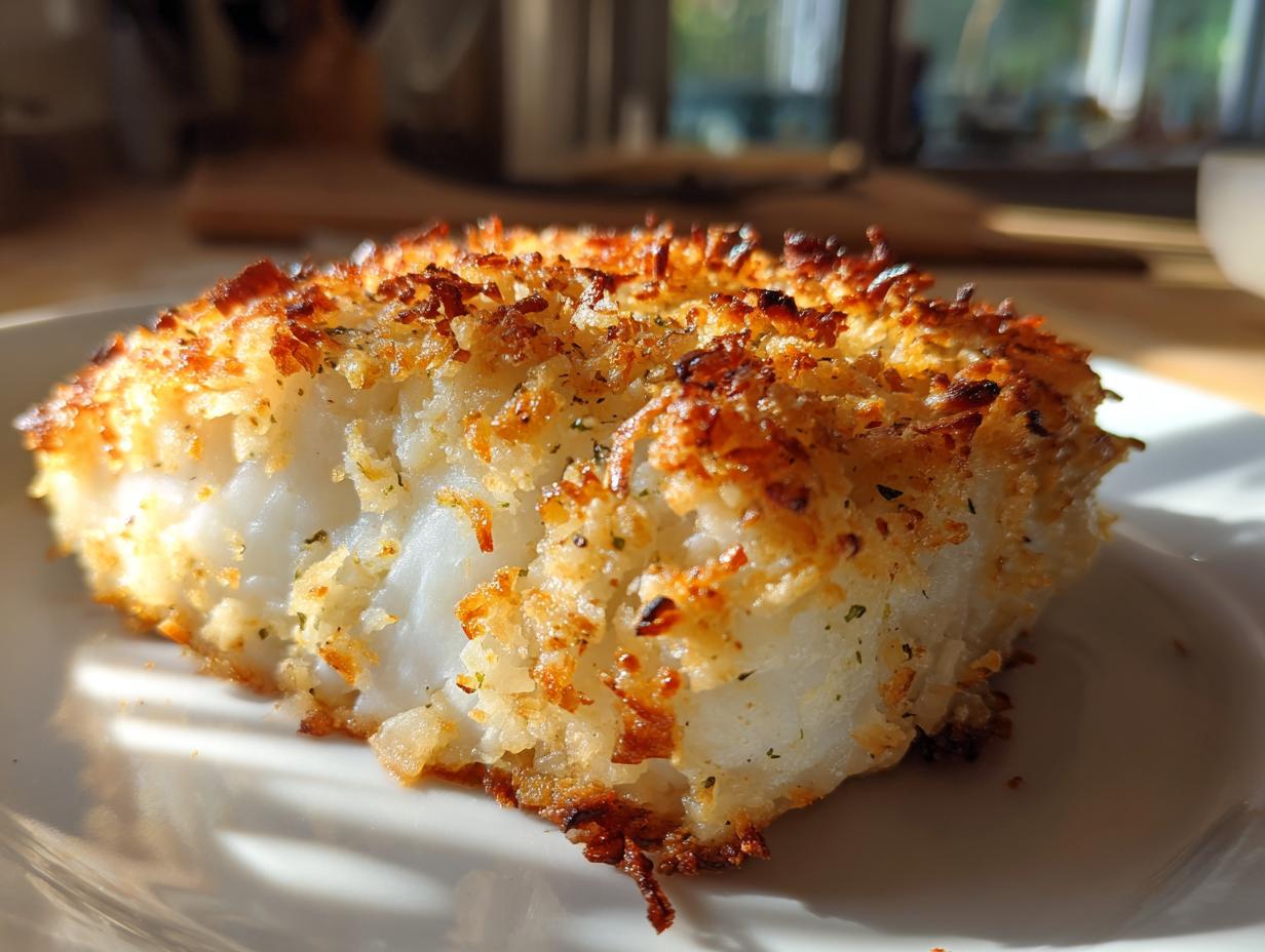 Close-up of a thick fillet of crispy baked cod with a golden brown, textured crust on a white plate.