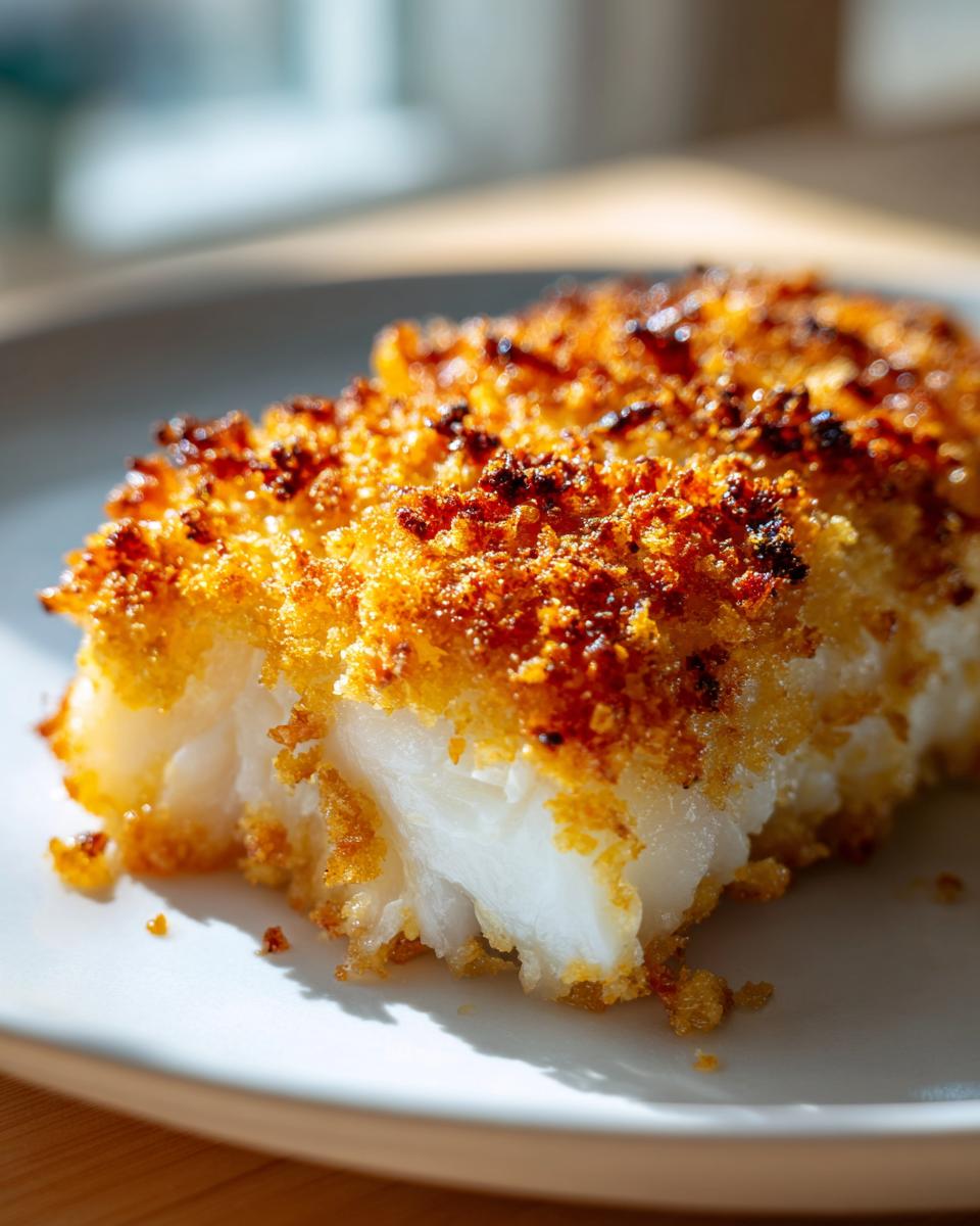 Close-up of a flaky white cod fillet with a golden brown, crispy baked cod topping.
