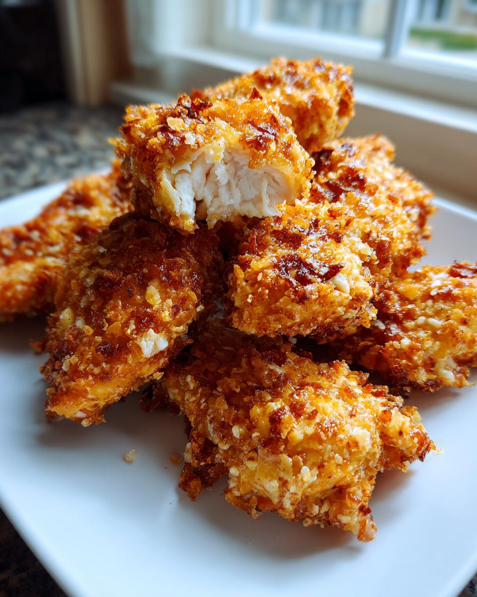 A pile of golden brown, crispy chicken tenders on a white plate, with one piece broken open showing the white meat inside.