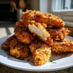 A stack of golden brown, crispy chicken tenders, one cut open to show the white meat inside.