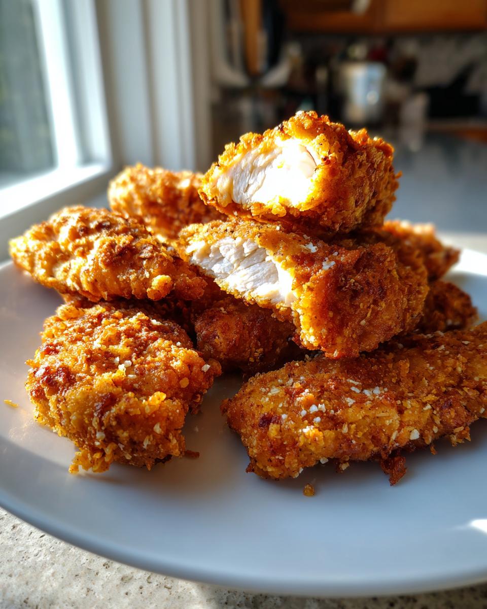 A pile of golden brown, crispy chicken tenders stacked on a white plate, one cut open showing juicy white meat.