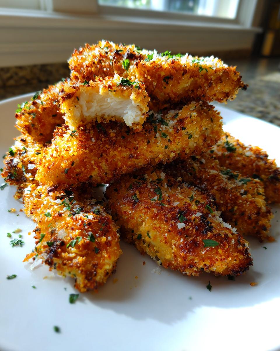 A stack of golden brown, crispy chicken tenders garnished with grated cheese and parsley, showing the white interior of one piece.