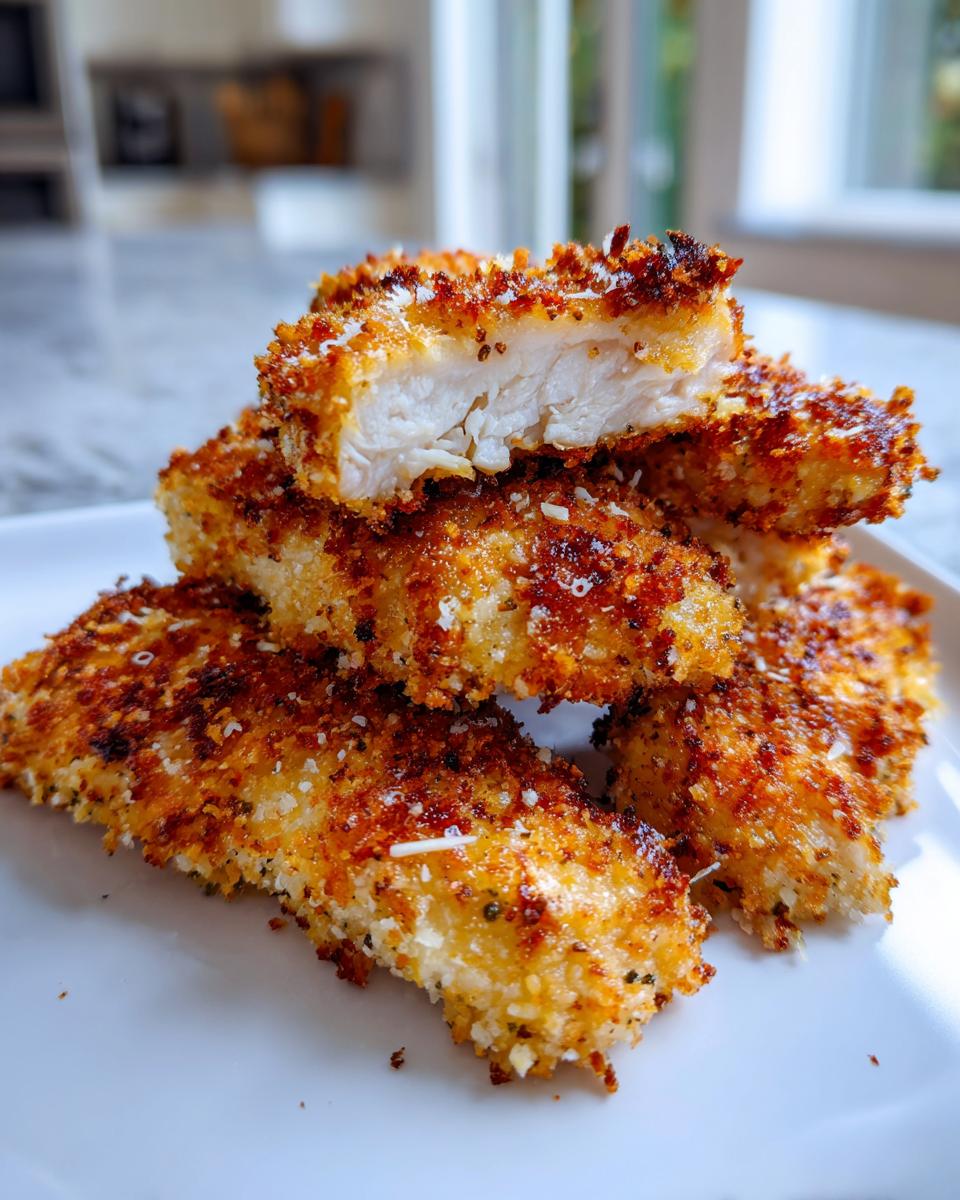 A stack of golden brown, crispy chicken tenders, with one piece cut open showing juicy white meat.