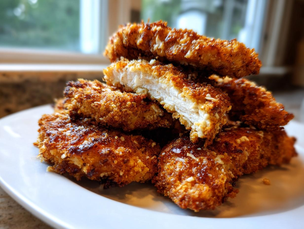 Close-up of a stack of golden brown, crispy chicken tenders, one cut open showing juicy white meat inside.