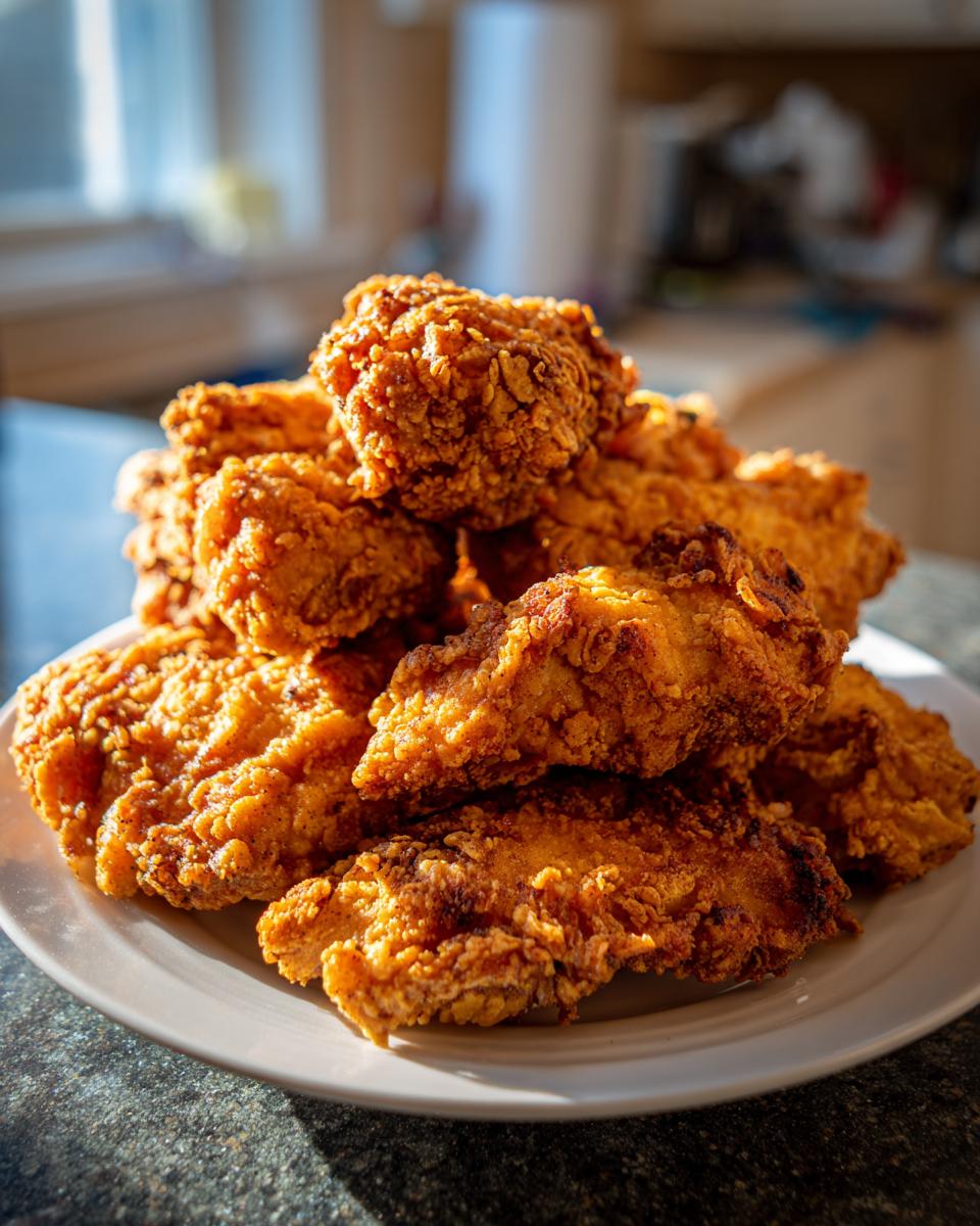 A generous pile of golden brown, crispy Cracker Barrel Chicken Tenders stacked on a white plate.