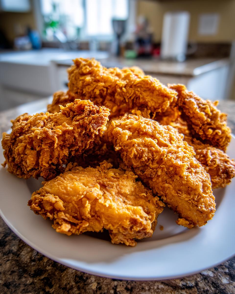 A close-up of several golden brown, crispy cracker barrel chicken tenders piled high on a white plate.