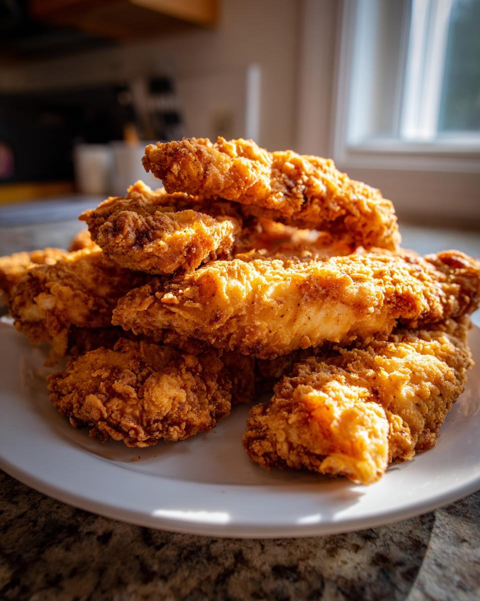 A stack of golden brown, crispy cracker barrel chicken tenders piled high on a white plate.