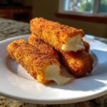 Close-up of golden brown, crispy mozzarella sticks on a white plate, showing the melted, gooey cheese pulling apart.