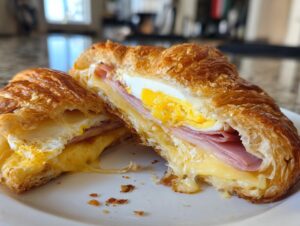 Close-up of a delicious croissant breakfast sandwiches cut in half, showing ham, melted cheese, and a fried egg.