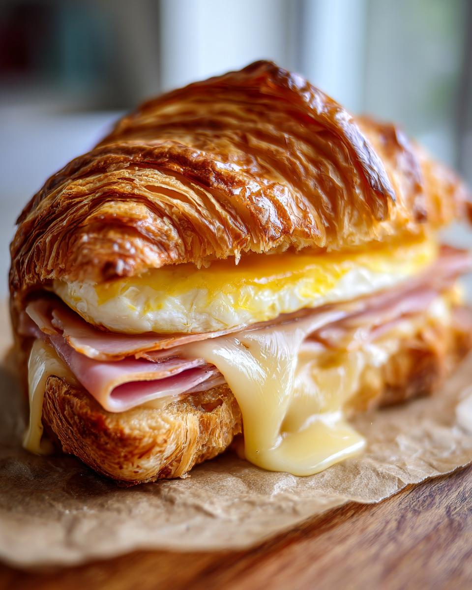 Close-up of a delicious croissant breakfast sandwich with melted cheese dripping over ham and a fried egg.