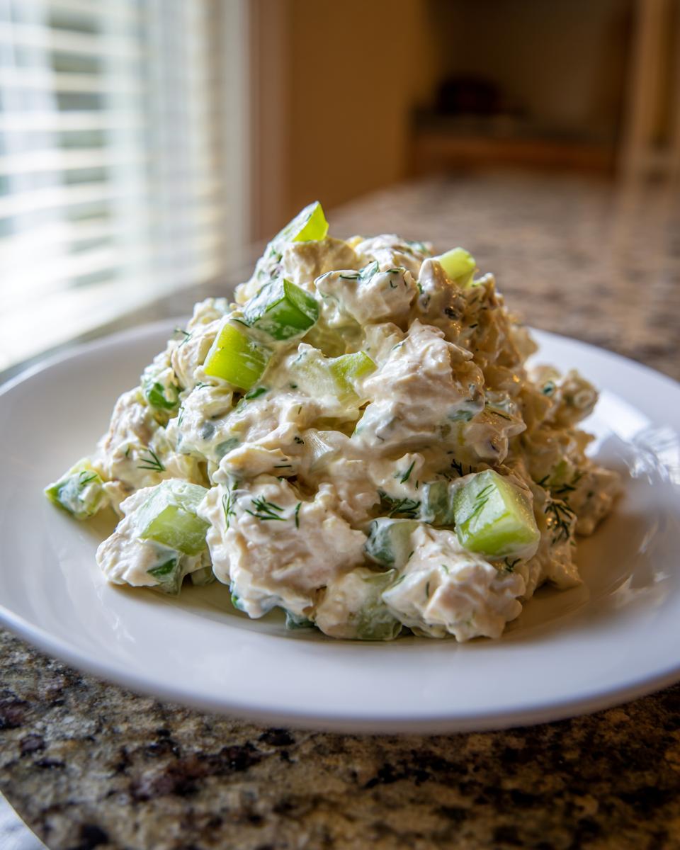 A mound of creamy dill pickle chicken salad featuring chunks of chicken, bright green pickle pieces, and fresh dill, served on a white plate.