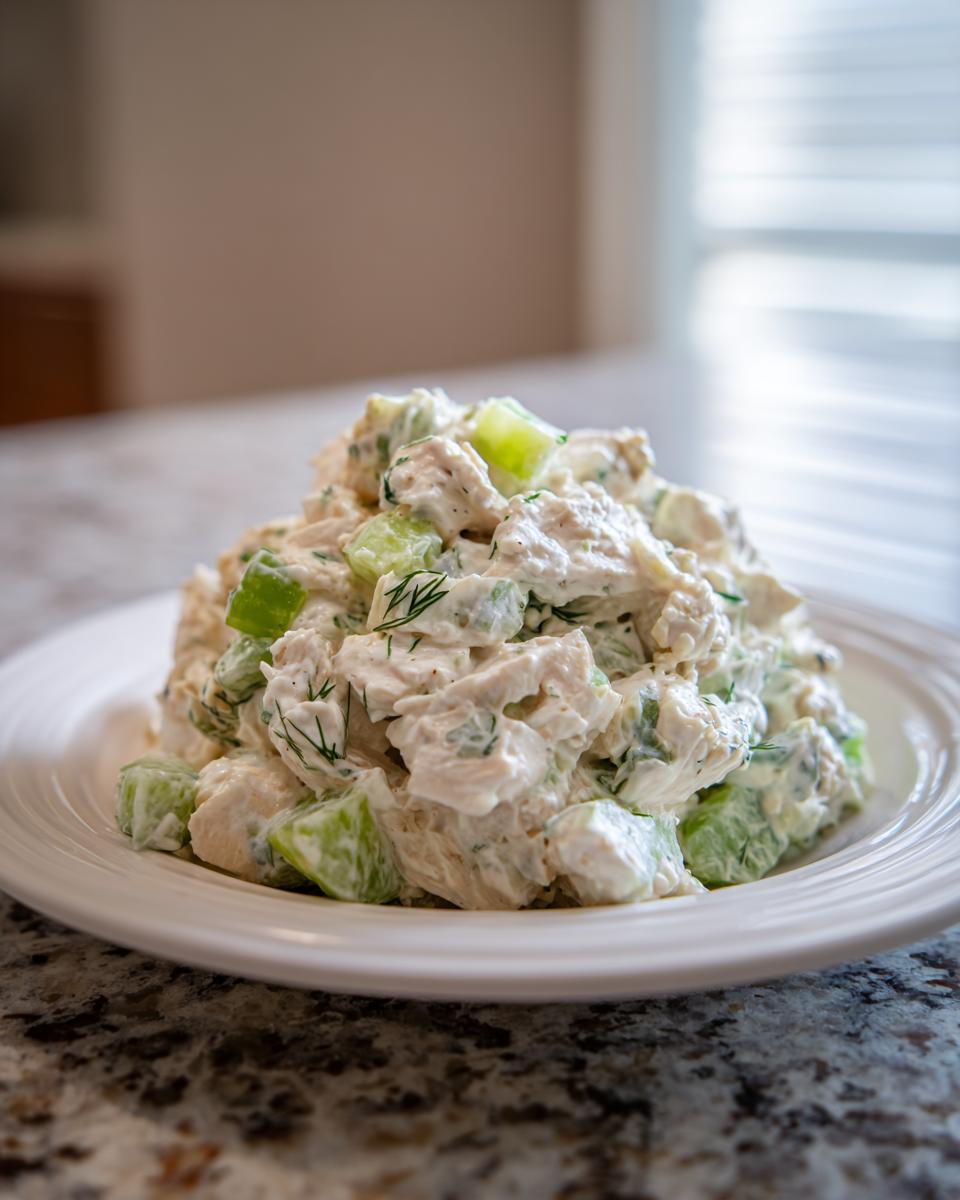 A mound of creamy dill pickle chicken salad mixed with chunks of celery and fresh dill, served on a white plate.
