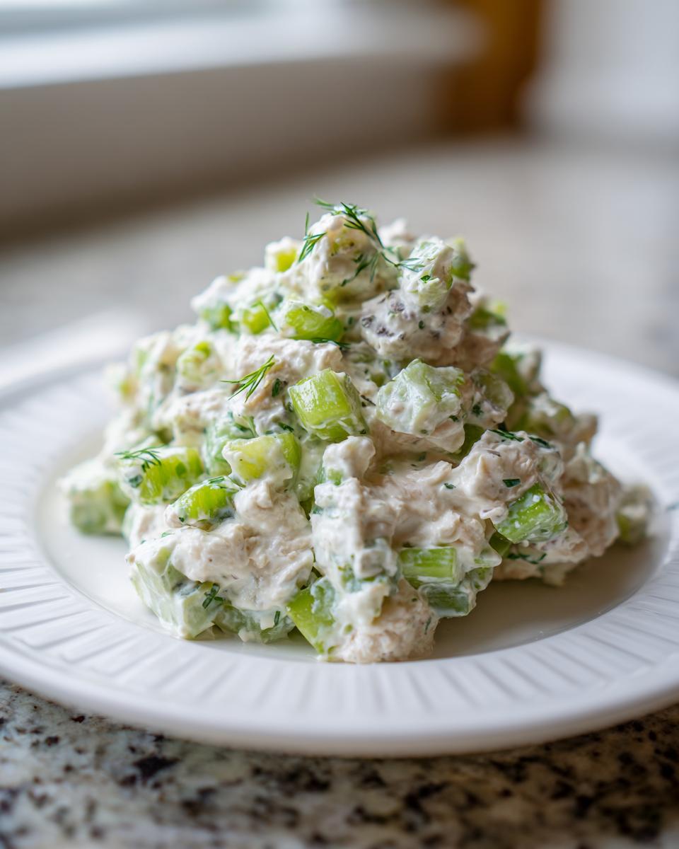 A mound of creamy dill pickle chicken salad featuring chunks of chicken, bright green celery, and fresh dill garnish.