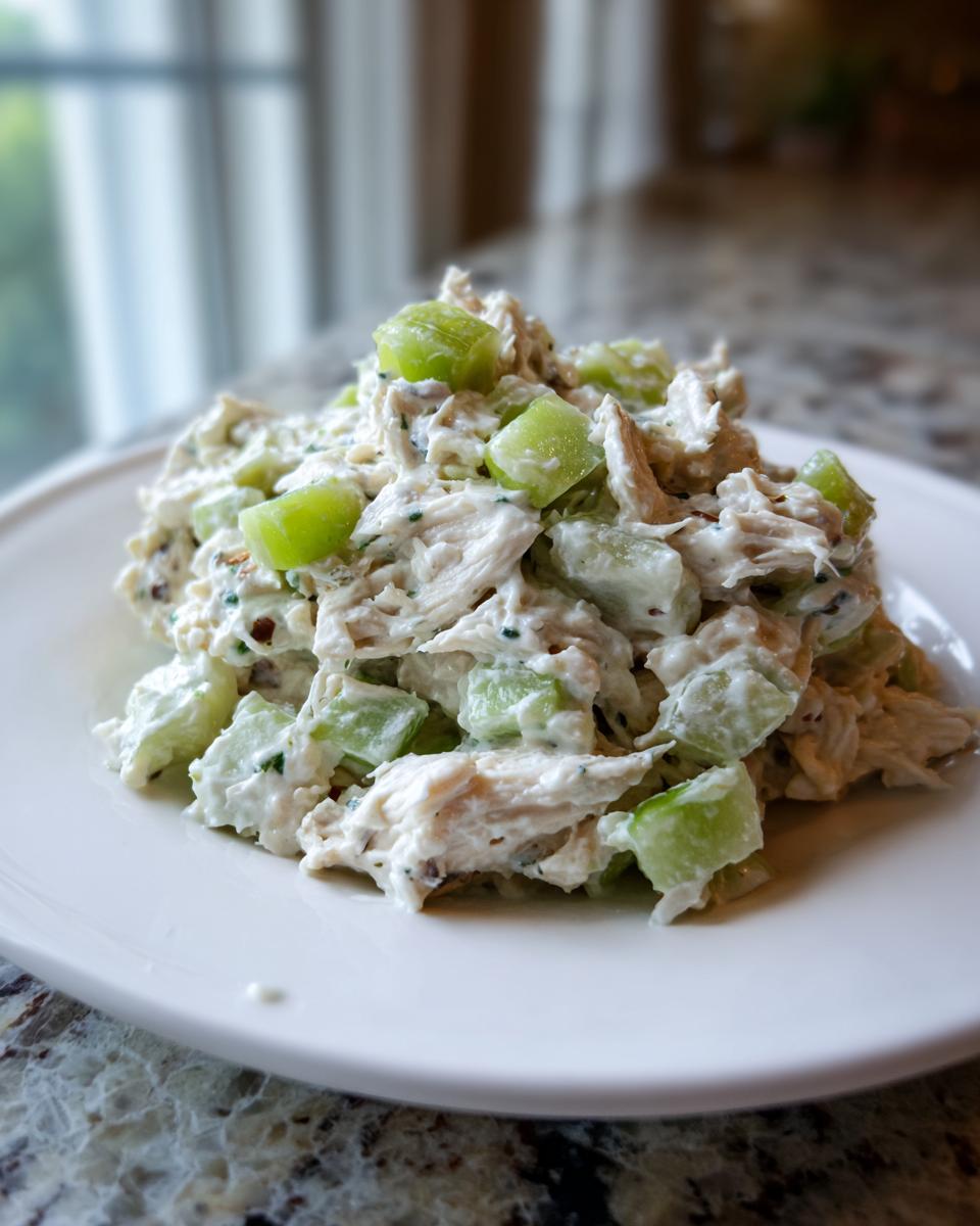 A mound of creamy dill pickle chicken salad featuring shredded chicken and bright green pickle chunks on a white plate.