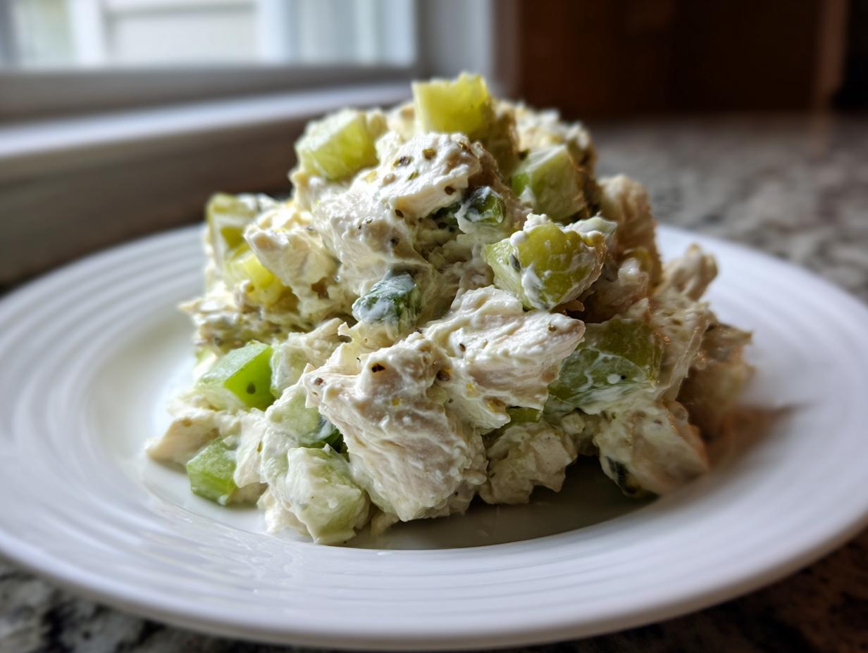 A mound of creamy dill pickle chicken salad with chunks of chicken and bright green pickles served on a white plate.