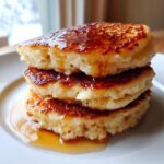 A close-up of a stack of three fluffy discard pancakes drizzled generously with syrup.