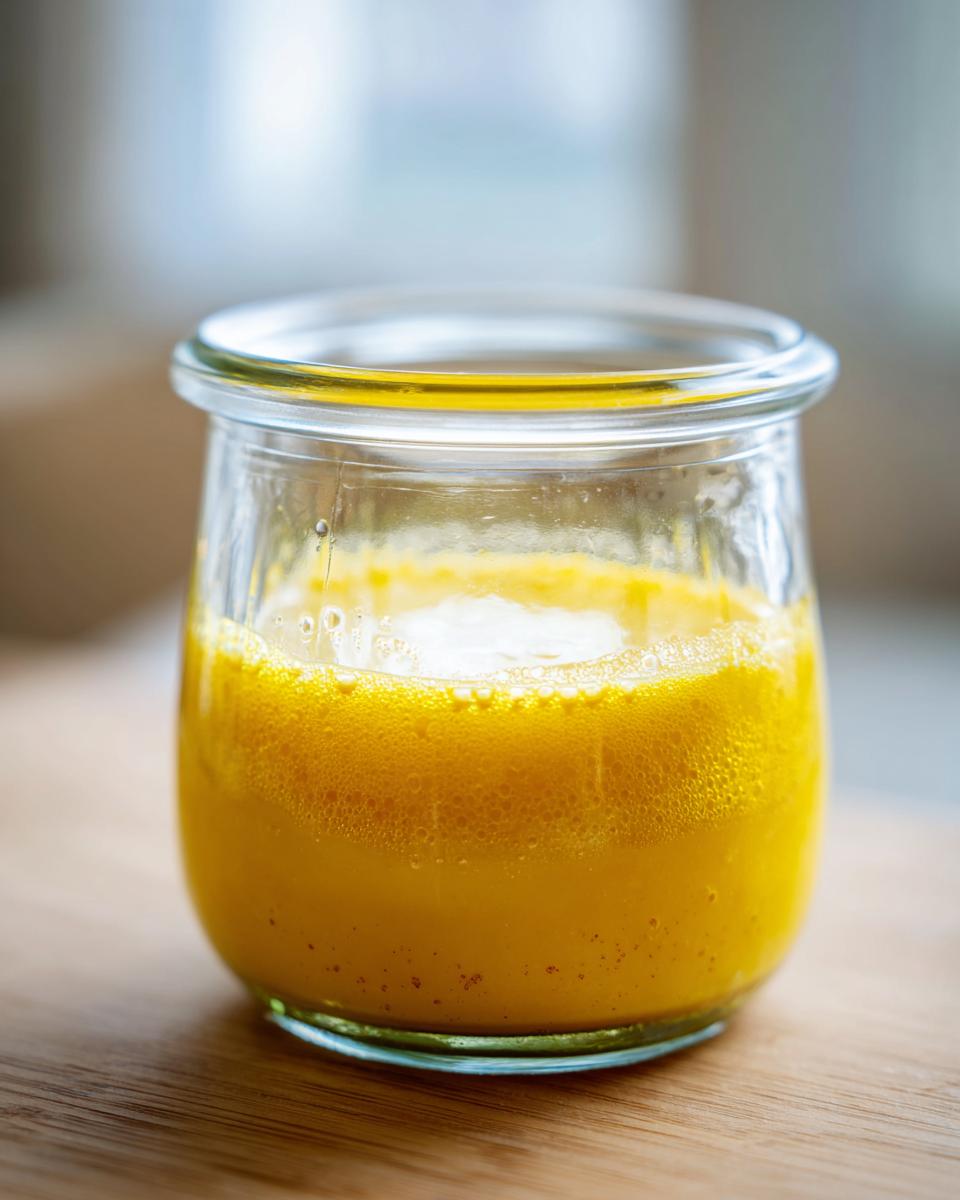 Close-up of bright yellow, emulsified easy lemon vinaigrette dressing in a small glass jar.