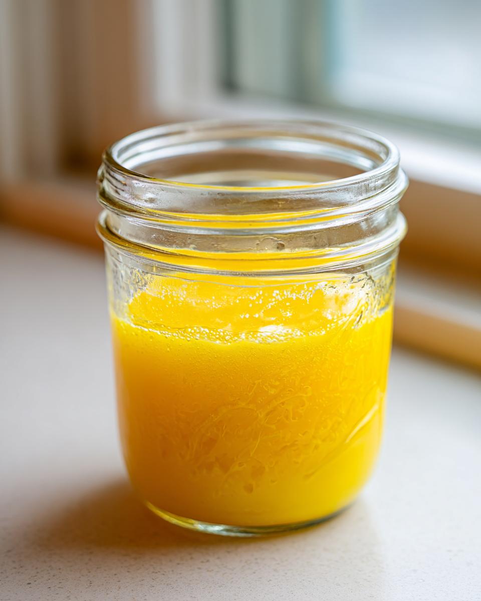Close-up of bright yellow easy lemon vinaigrette dressing emulsified inside a small glass mason jar.
