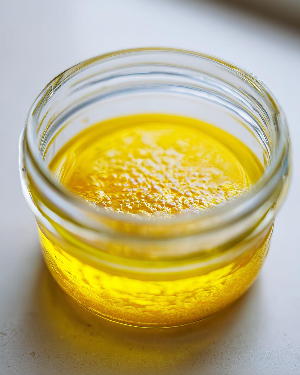 Close-up of bright yellow easy lemon vinaigrette dressing with small bubbles in a small glass jar.
